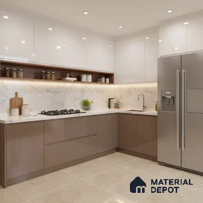 Modern dual tone kitchen with glossy white and taupe laminate, marble-look backsplash, and beige floor tiles in Bengaluru