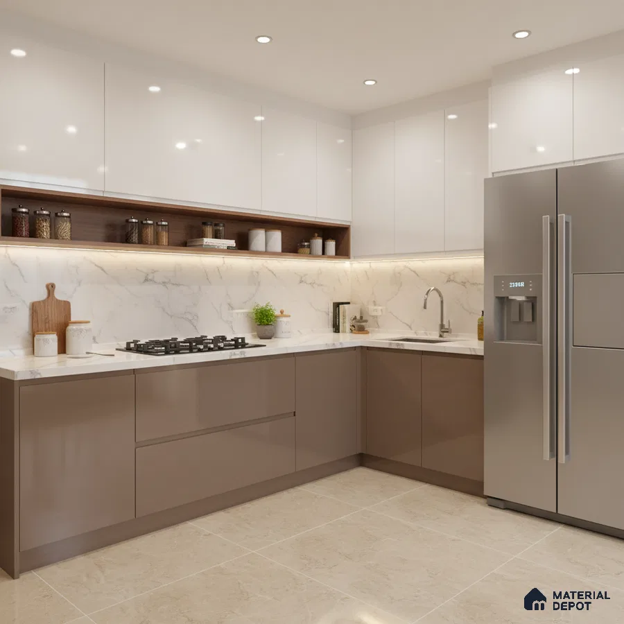 Modern dual tone kitchen with glossy white and taupe laminate, marble-look backsplash, and beige floor tiles in Bengaluru