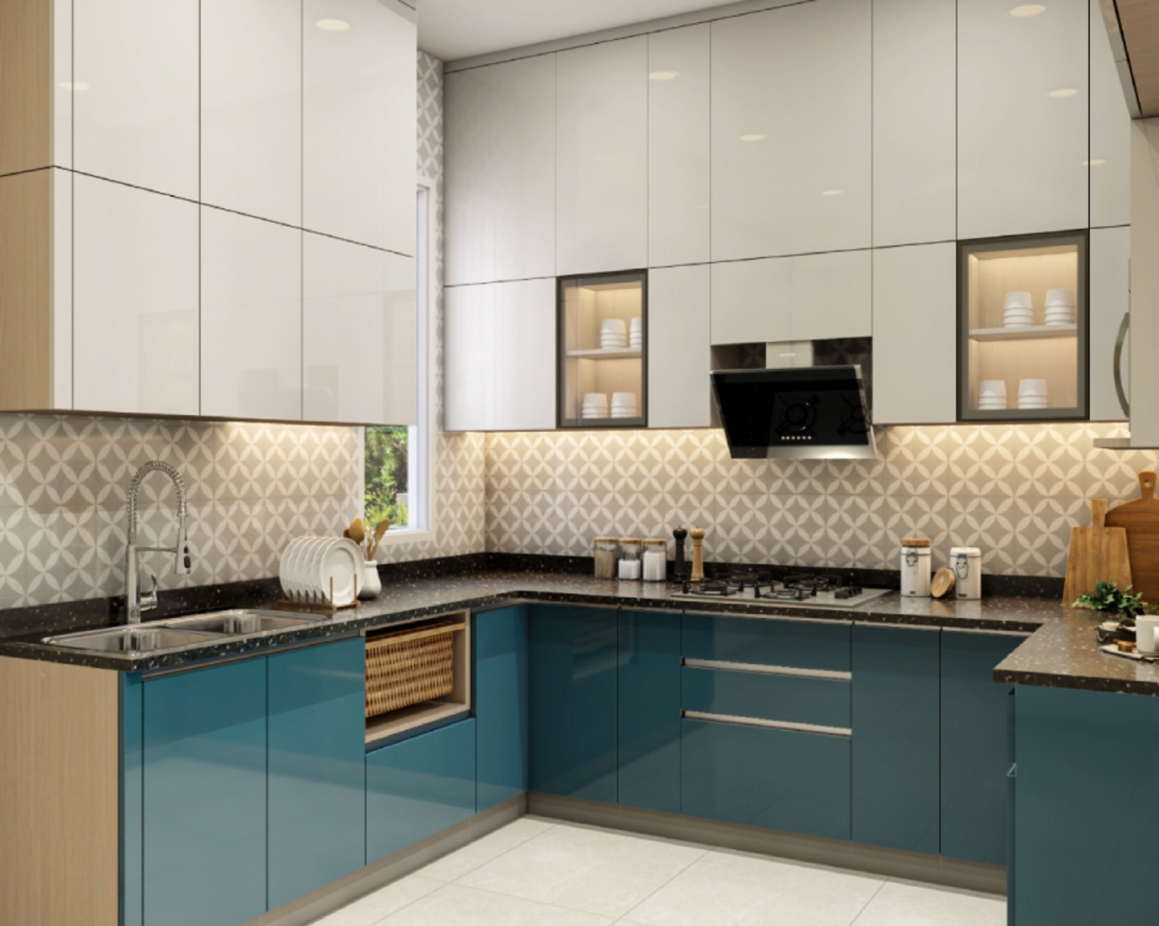 Modern dual tone kitchen with glossy white and teal blue laminate, geometric patterned backsplash tile, and black quartz countertop in Bengaluru | Material Depot