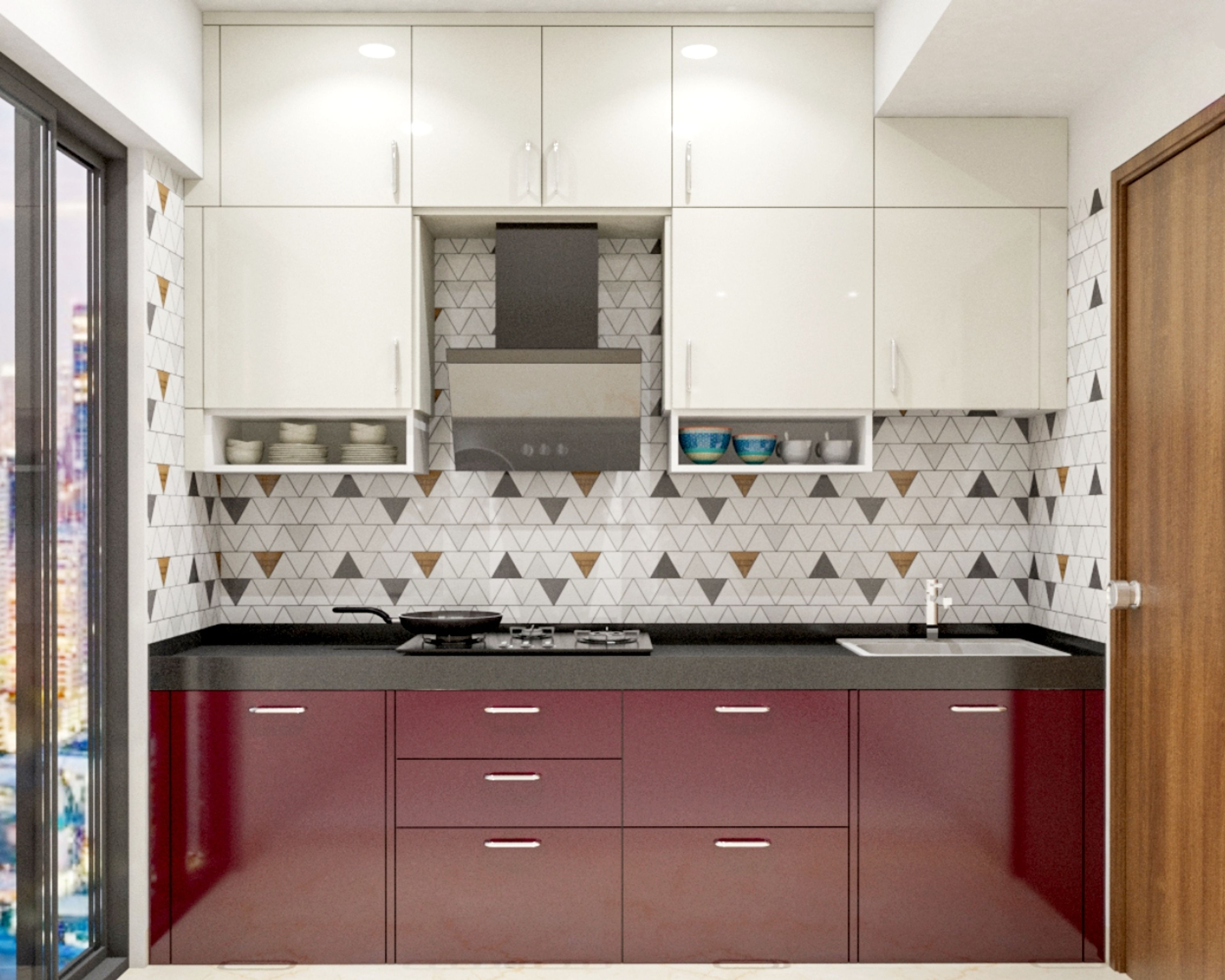 Modern dual tone kitchen with glossy white and wine red laminate, geometric triangle backsplash tiles, and black granite countertop in Bengaluru | Material Depot