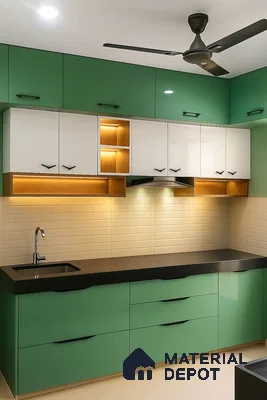 Modern dual tone kitchen with green and white laminate cabinets, black quartz countertop, and beige subway backsplash tile in Bengaluru | Material Depot