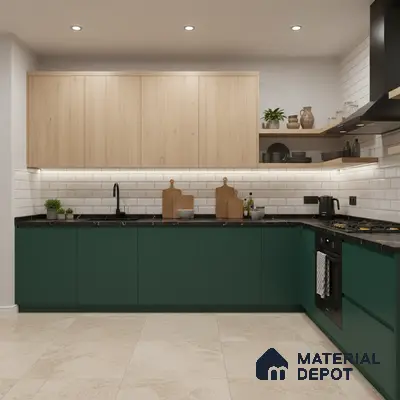 Modern dual tone kitchen with green laminate base cabinets, light oak laminate wall cabinets, and white subway tile backsplash in Bengaluru