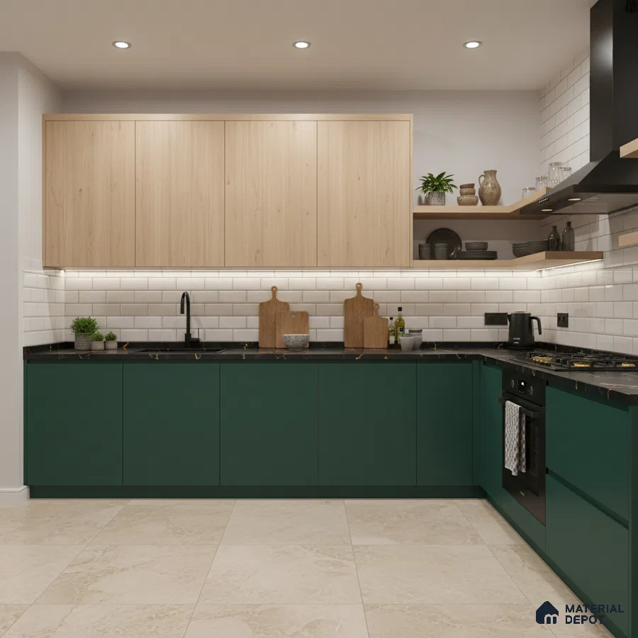 Modern dual tone kitchen with green laminate base cabinets, light oak laminate wall cabinets, and white subway tile backsplash in Bengaluru
