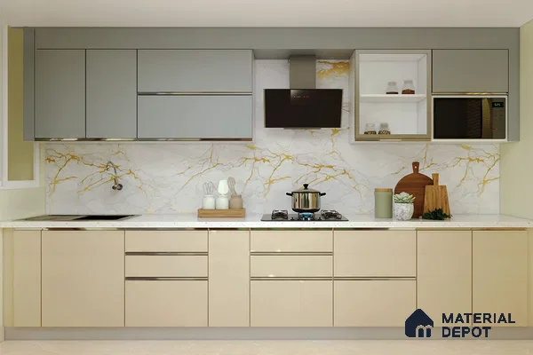 Modern dual tone kitchen with grey and beige laminate, white quartz countertop, and marble-look backsplash tile in Bengaluru | Material Depot
