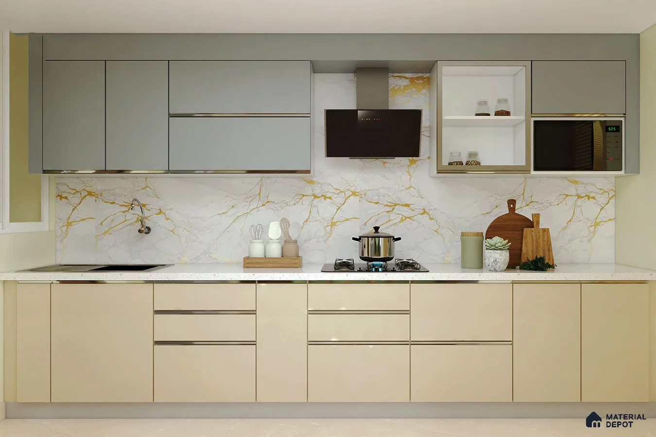 Modern dual tone kitchen with grey and beige laminate, white quartz countertop, and marble-look backsplash tile in Bengaluru | Material Depot
