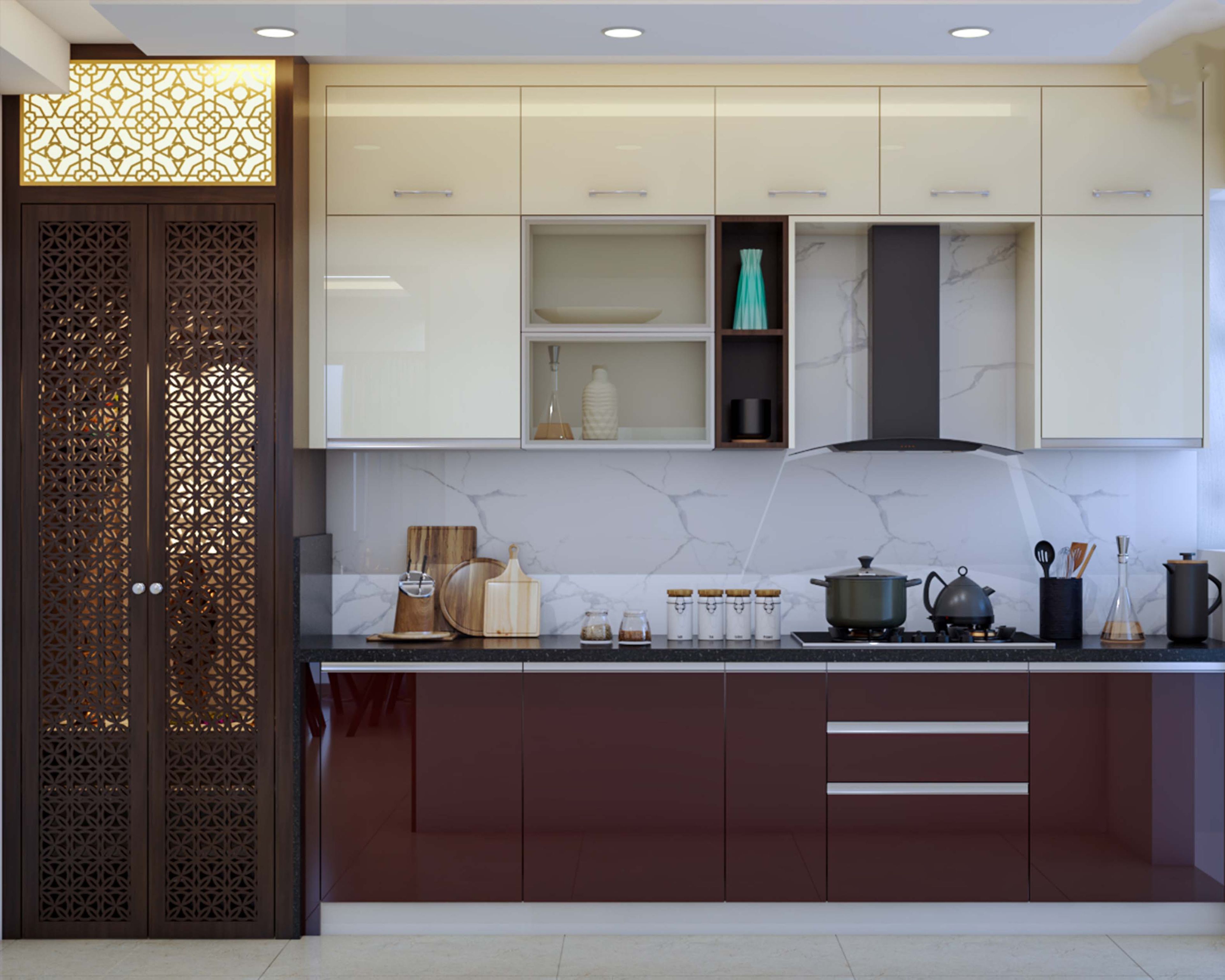 Modern dual tone kitchen with high gloss beige and maroon laminate, marble-look backsplash, and black granite countertop in Bengaluru | Material Depot