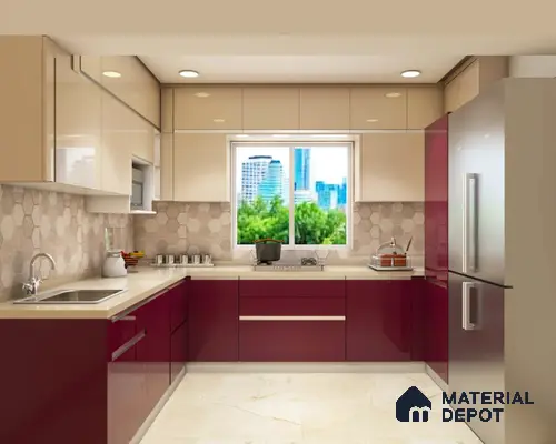Modern dual tone kitchen with high gloss burgundy and beige laminate, hexagonal backsplash tile, and cream marble floor in Bengaluru | Material Depot