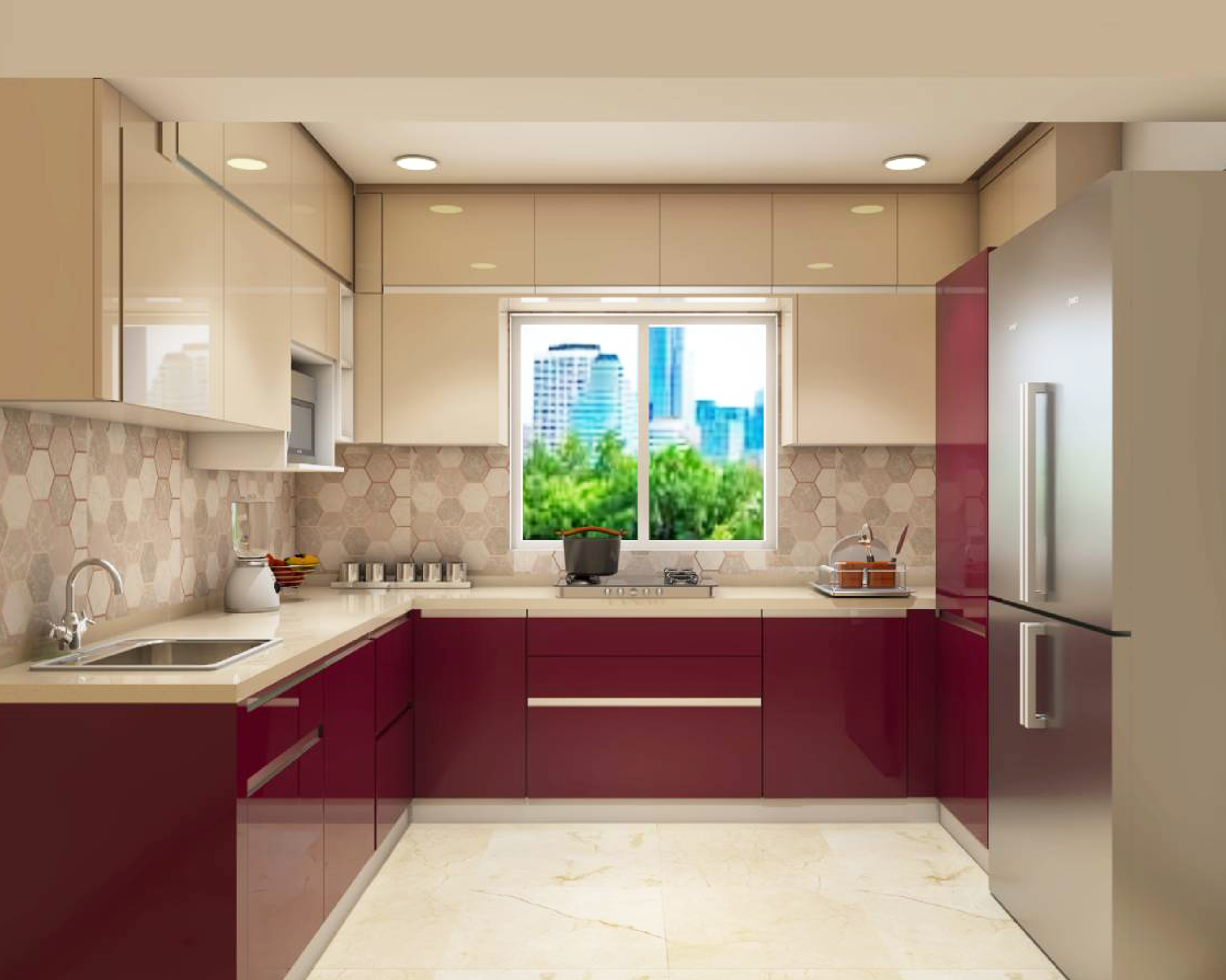 Modern dual tone kitchen with high gloss burgundy and beige laminate, hexagonal backsplash tile, and cream marble floor in Bengaluru | Material Depot