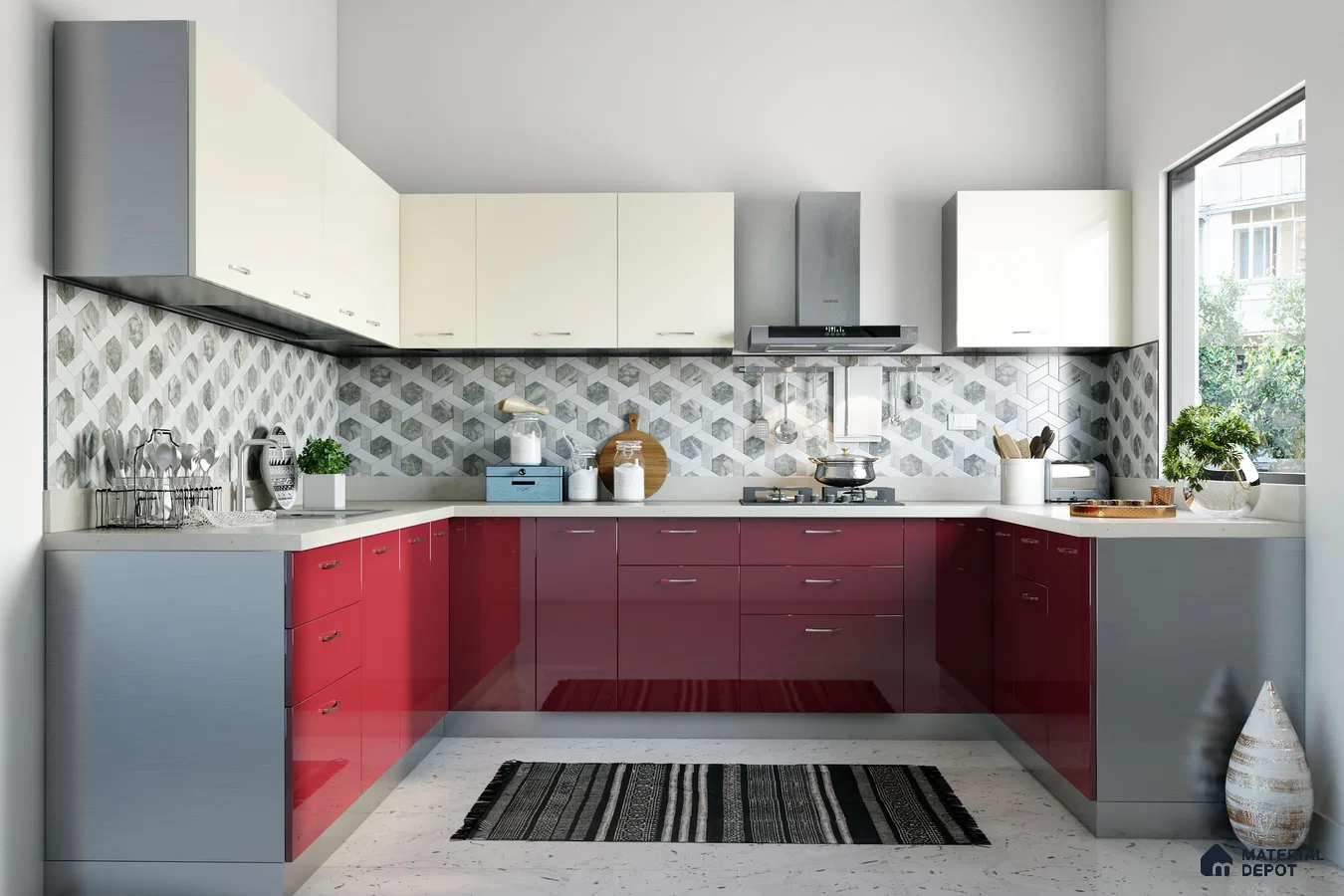 Modern dual tone kitchen with high gloss red and frosty white laminate, geometric backsplash tiles, and white quartz countertop in Bengaluru | Material Depot