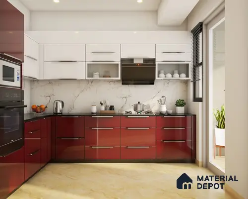 Modern dual tone kitchen with high gloss red and white laminate, marble-look backsplash, and beige floor tile in Bengaluru | Material Depot