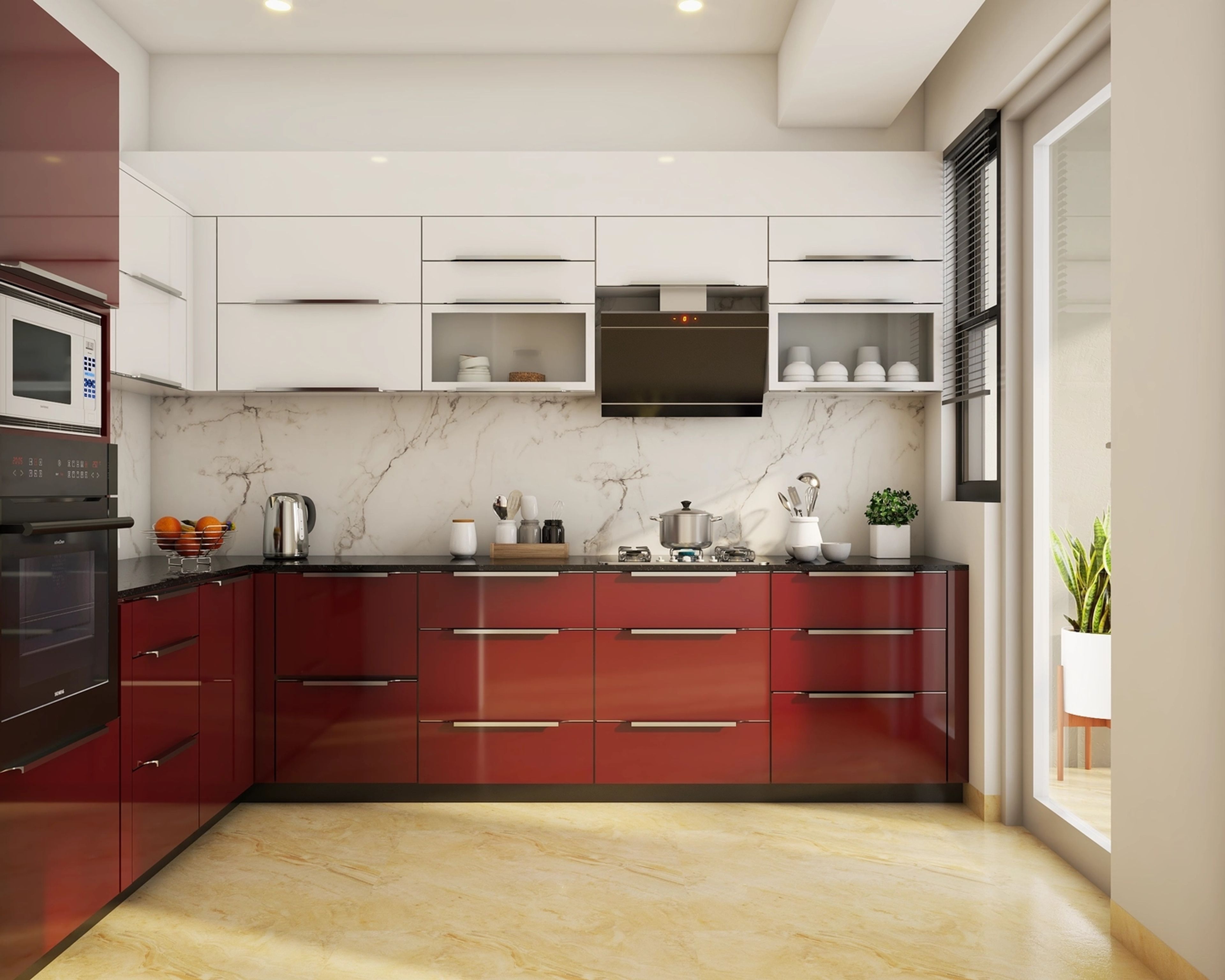Modern dual tone kitchen with high gloss red and white laminate, marble-look backsplash, and beige floor tile in Bengaluru | Material Depot