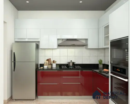 Modern dual tone kitchen with high gloss white and wine red laminate, black granite countertop, and white ceramic wall tiles in Bengaluru | Material Depot