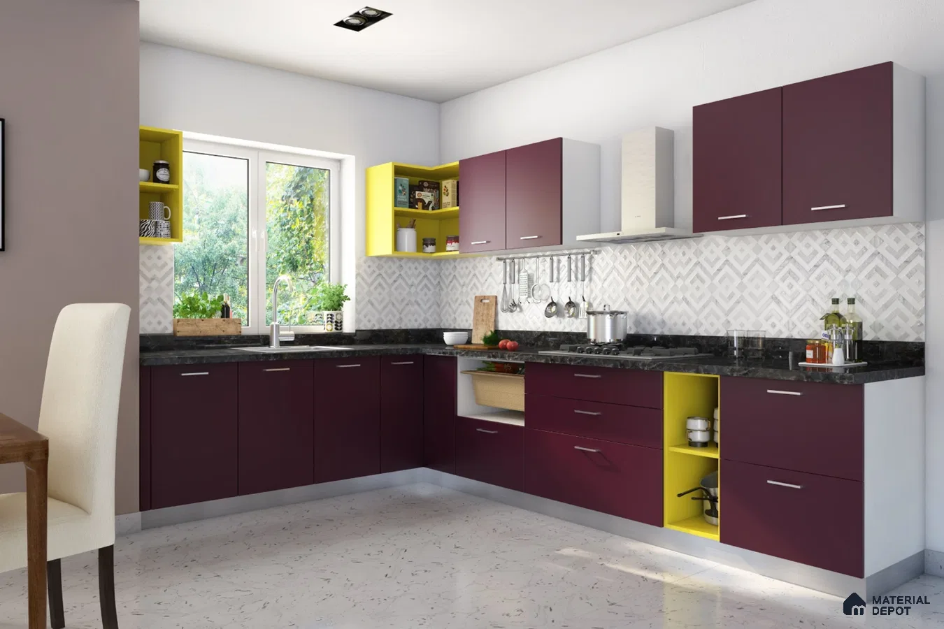 Modern dual tone kitchen with maroon and yellow laminate cabinets, black granite countertop, and geometric patterned backsplash tiles in Bengaluru | Material Depot