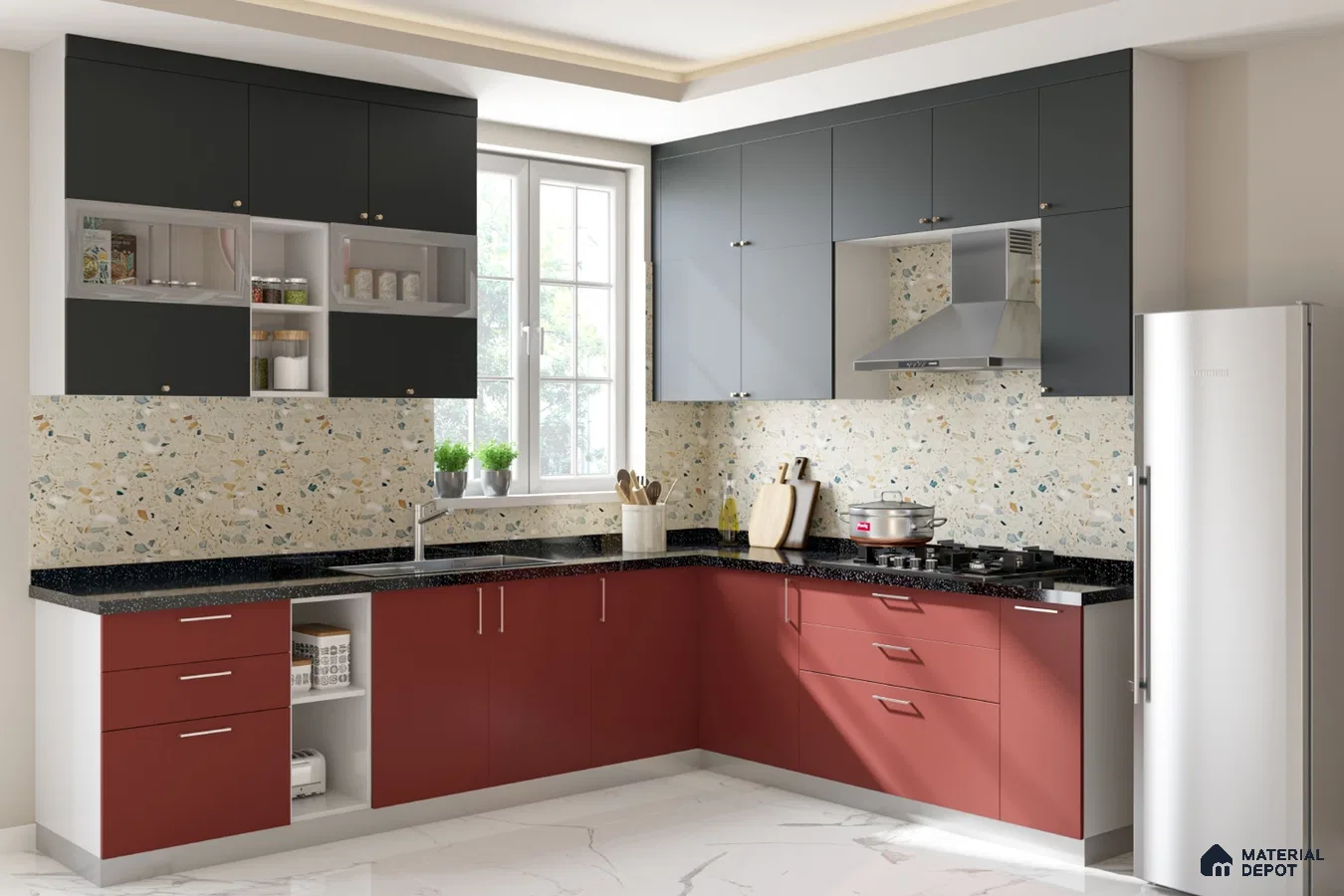 Modern dual tone kitchen with matte grey and terracotta red laminate, terrazzo backsplash tile, and black quartz countertop in Bengaluru | Material Depot