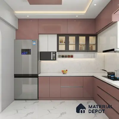 Modern dual tone kitchen with mauve high gloss laminate, frosty white laminate, and white marble look tiles in Bengaluru | Material Depot
