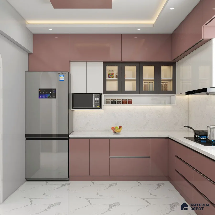 Modern dual tone kitchen with mauve high gloss laminate, frosty white laminate, and white marble look tiles in Bengaluru | Material Depot