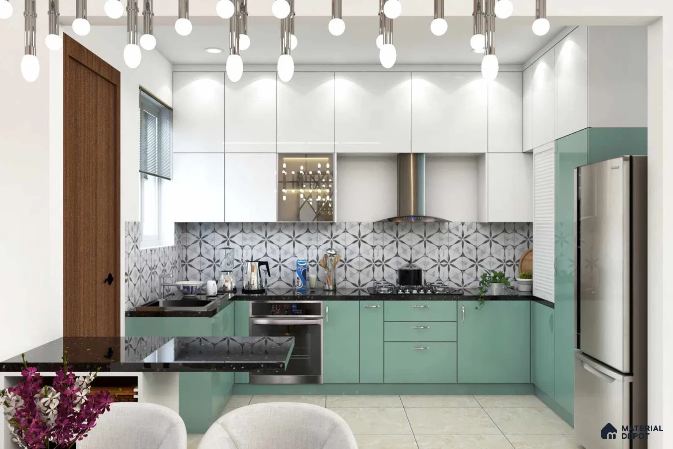 Modern dual tone kitchen with mint green and frosty white laminate, black granite countertop, and geometric patterned backsplash tiles in Bengaluru | Material Depot