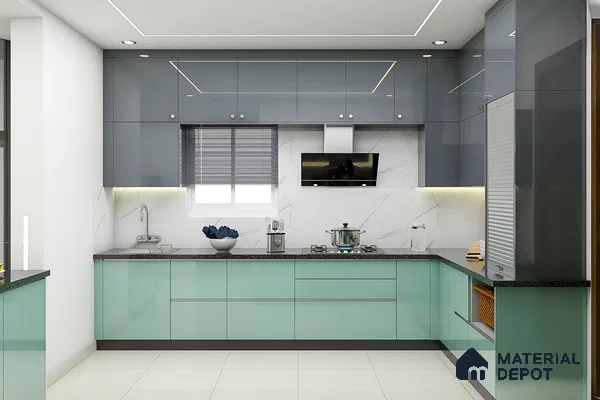 Modern dual tone kitchen with mint green and grey high gloss laminate, marble-look backsplash, and black granite countertop in Bengaluru | Material Depot