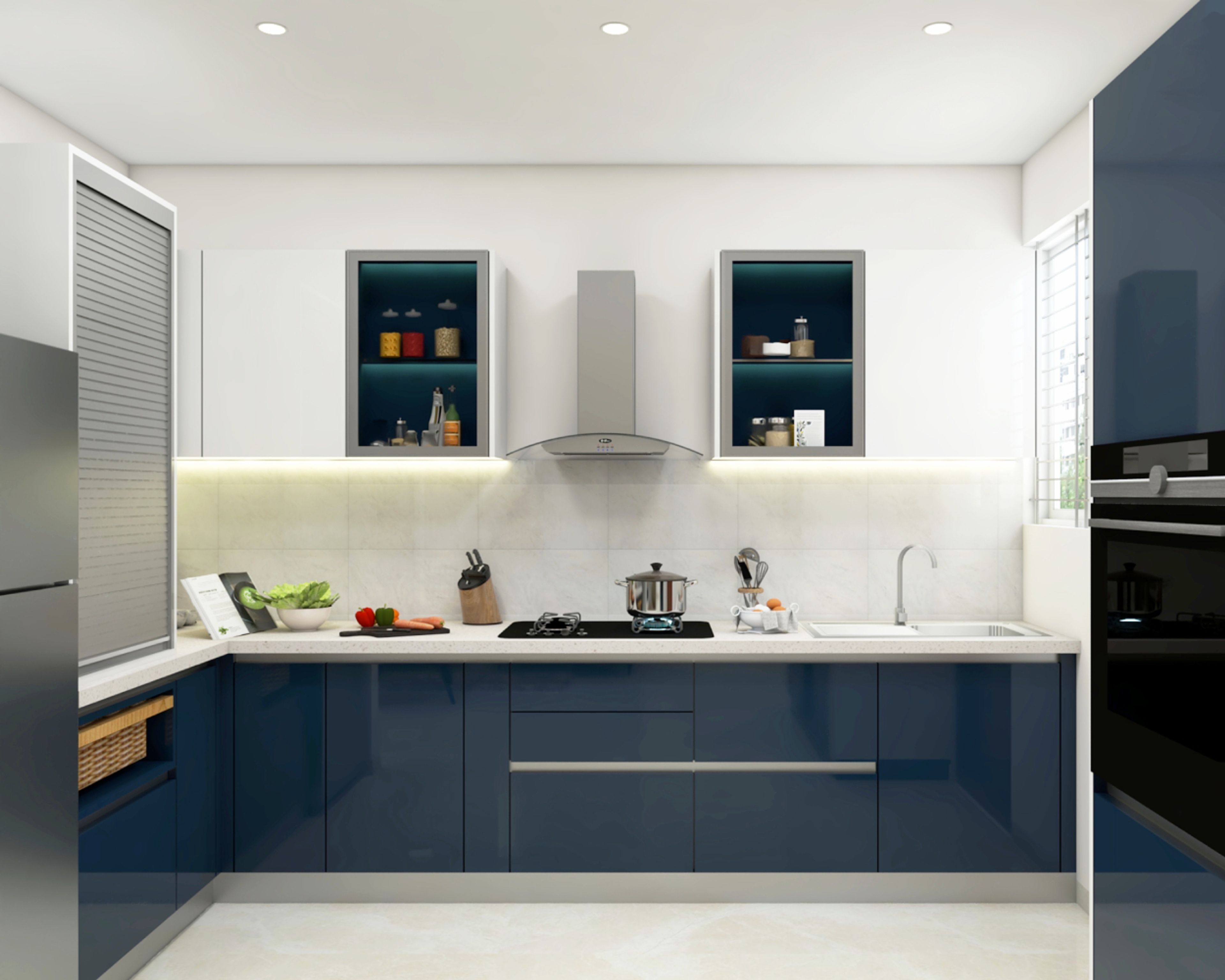 Modern dual tone kitchen with navy blue and frosty white high gloss laminate and white quartz countertop in Bengaluru | Material Depot