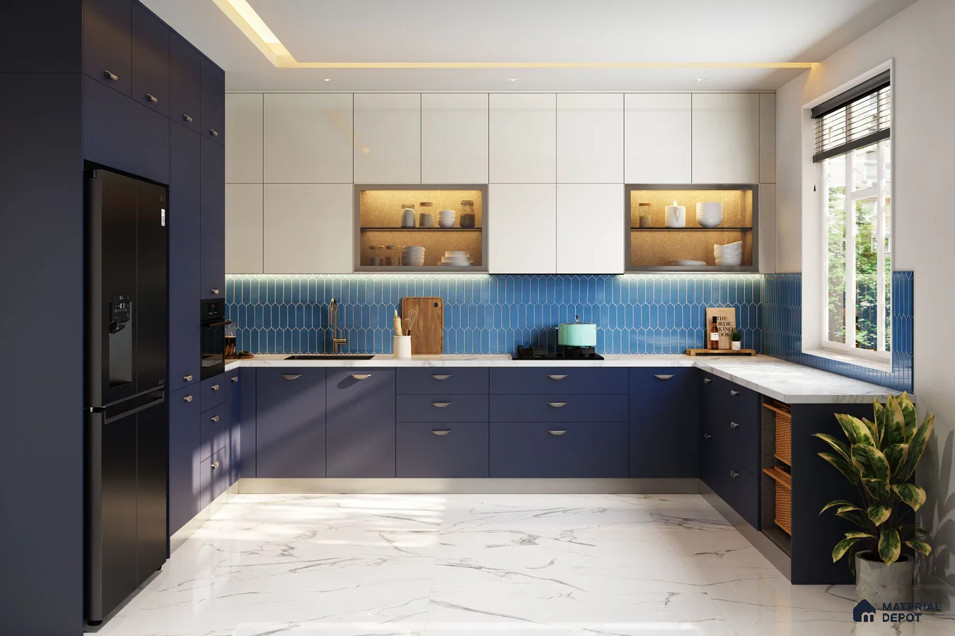 Modern dual tone kitchen with navy blue and frosty white laminate, blue geometric backsplash tile, and white marble floor tile in Bengaluru | Material Depot
