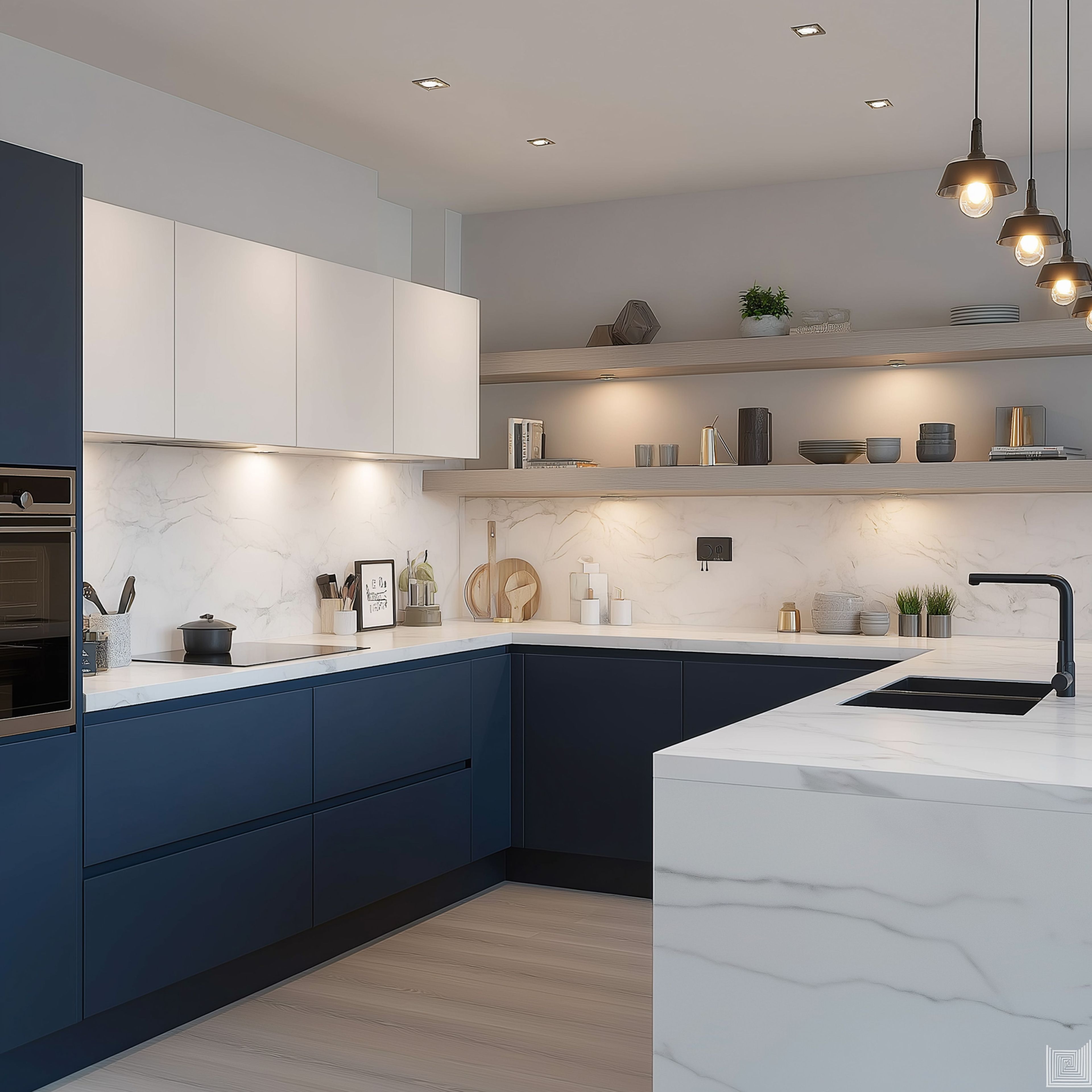 Modern dual tone kitchen with navy blue and frosty white laminate, white marble-look quartz countertop and backsplash in Bengaluru | Material Depot