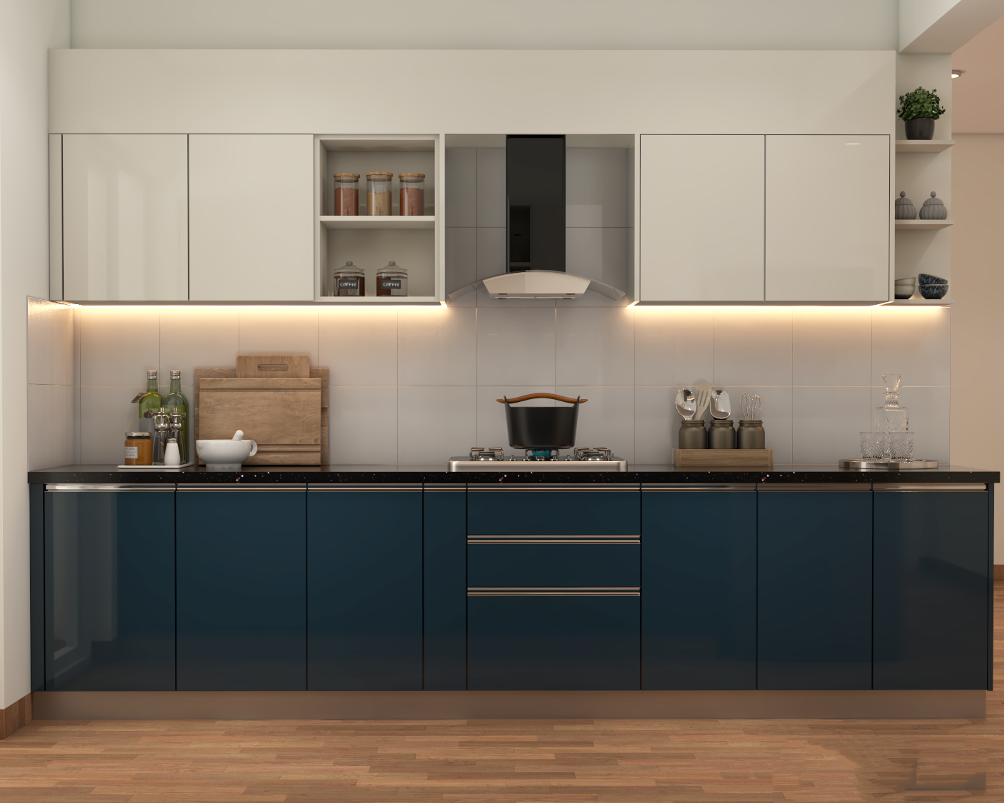 Modern dual tone kitchen with navy blue high gloss laminate, frosty white laminate, and black quartz countertop in Bengaluru | Material Depot