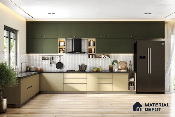 Modern dual tone kitchen with olive green and beige laminate, vertical white kitkat backsplash tile, and light wood flooring in Bengaluru | Material Depot