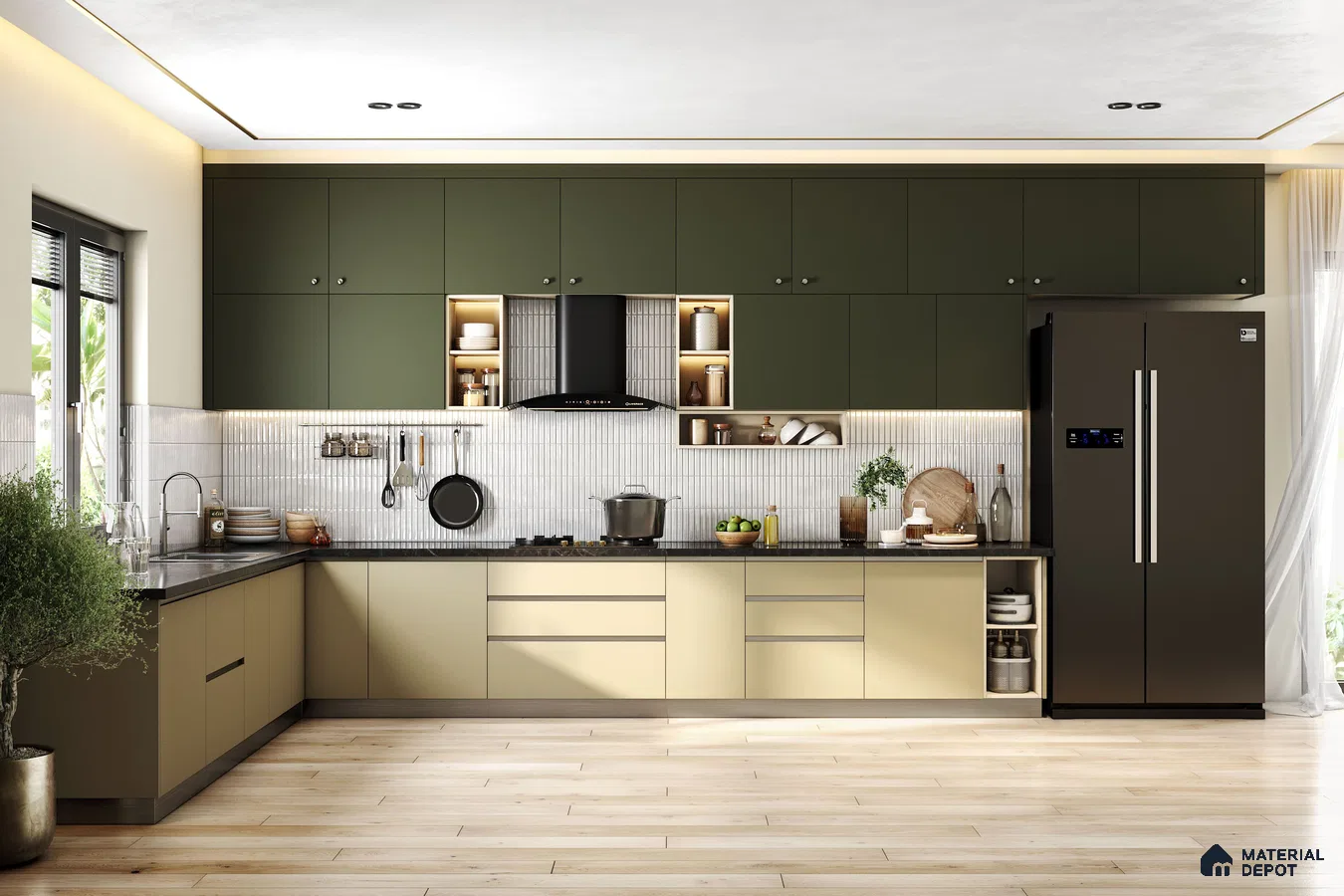 Modern dual tone kitchen with olive green and beige laminate, vertical white kitkat backsplash tile, and light wood flooring in Bengaluru | Material Depot