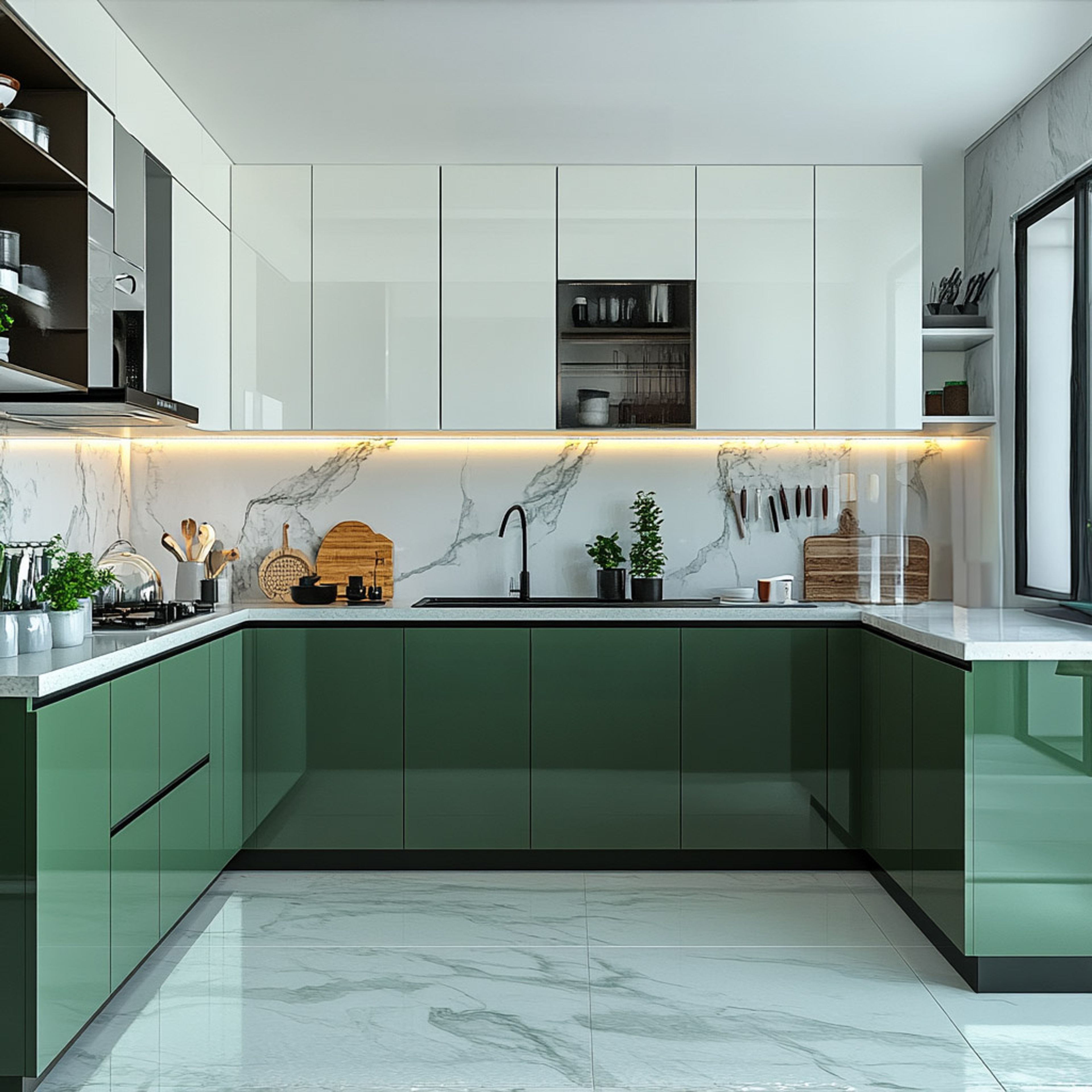 Modern dual tone kitchen with olive green and frosty white high gloss laminate, marble-look backsplash, and marble floor tiles in Bengaluru | Material Depot