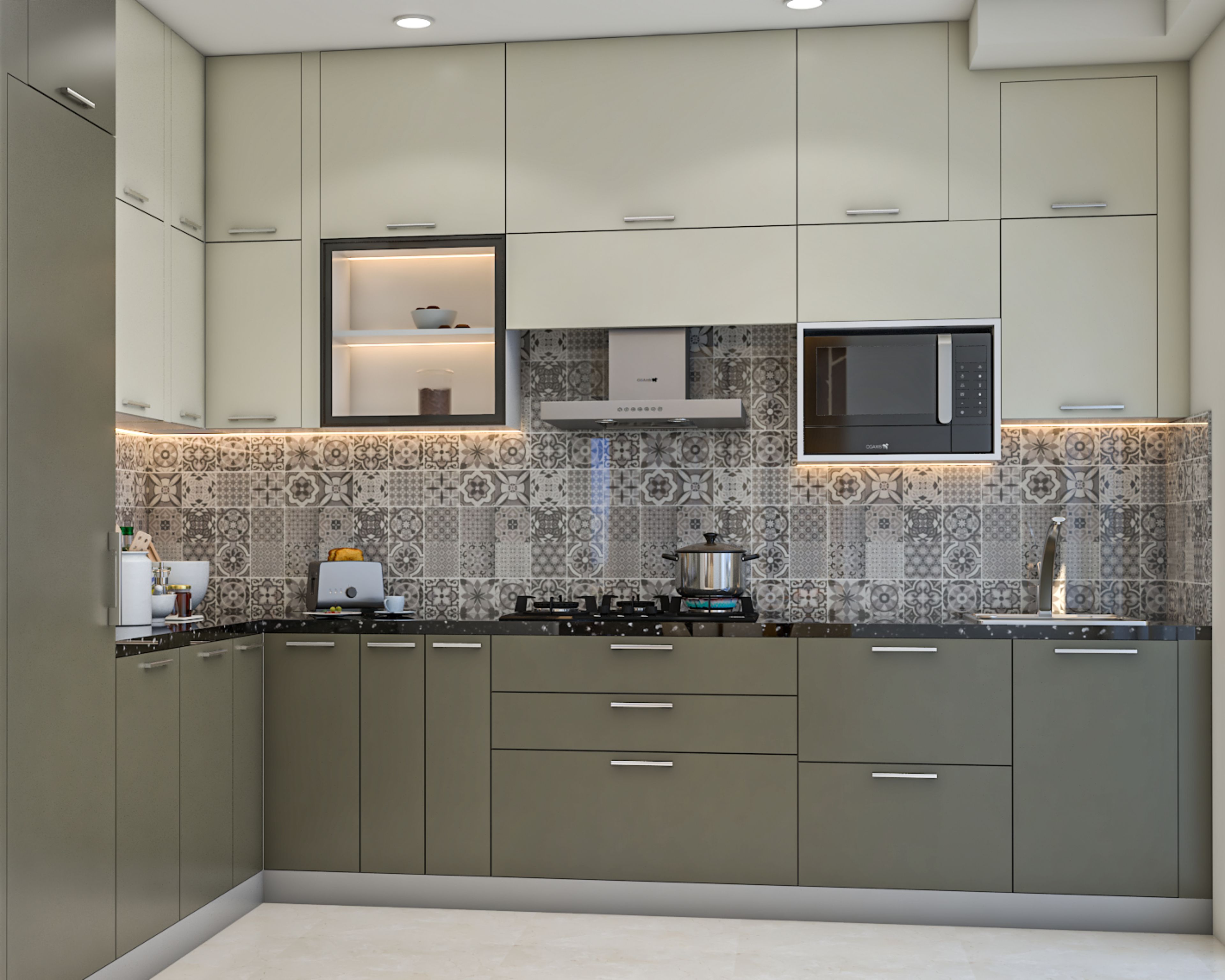 Modern dual tone kitchen with olive green and frosty white laminate, black granite countertop, and patterned backsplash tiles in Bengaluru | Material Depot