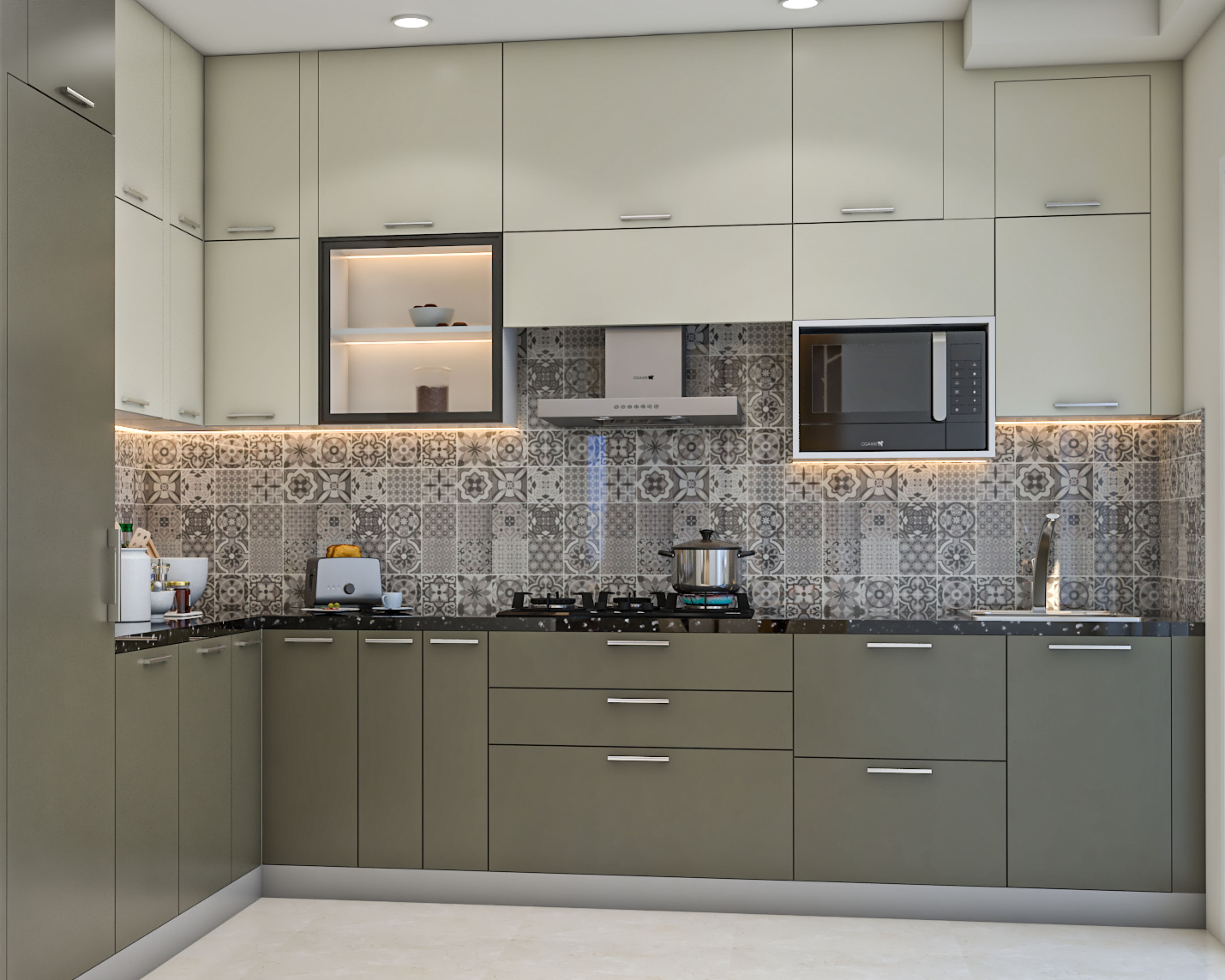 Modern dual tone kitchen with olive green and frosty white laminate, black granite countertop, and patterned backsplash tiles in Bengaluru | Material Depot