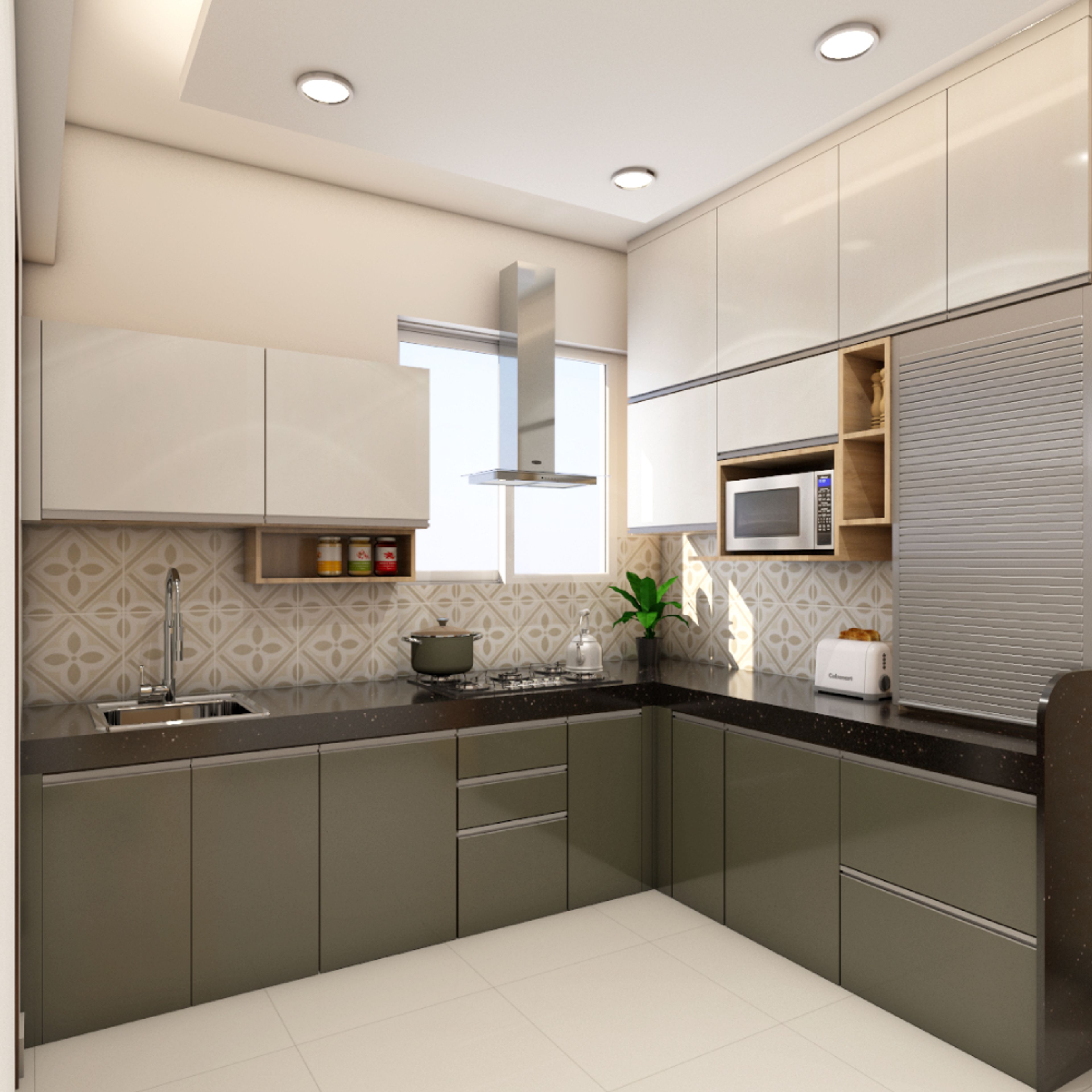 Modern dual tone kitchen with olive green and frosty white laminate, black quartz countertop, and patterned backsplash tiles in Bengaluru | Material Depot