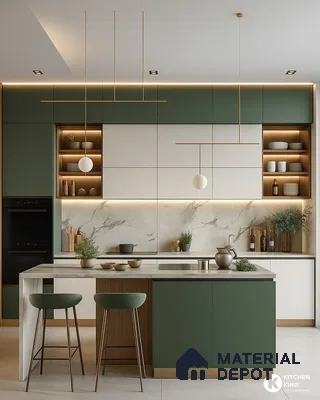 Modern dual tone kitchen with olive green and frosty white laminate, marble-look backsplash, and quartz countertop in Bengaluru | Material Depot
