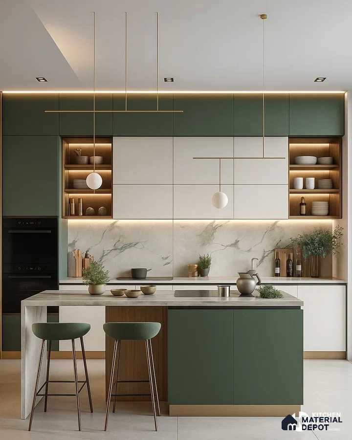 Modern dual tone kitchen with olive green and frosty white laminate, marble-look backsplash, and quartz countertop in Bengaluru | Material Depot
