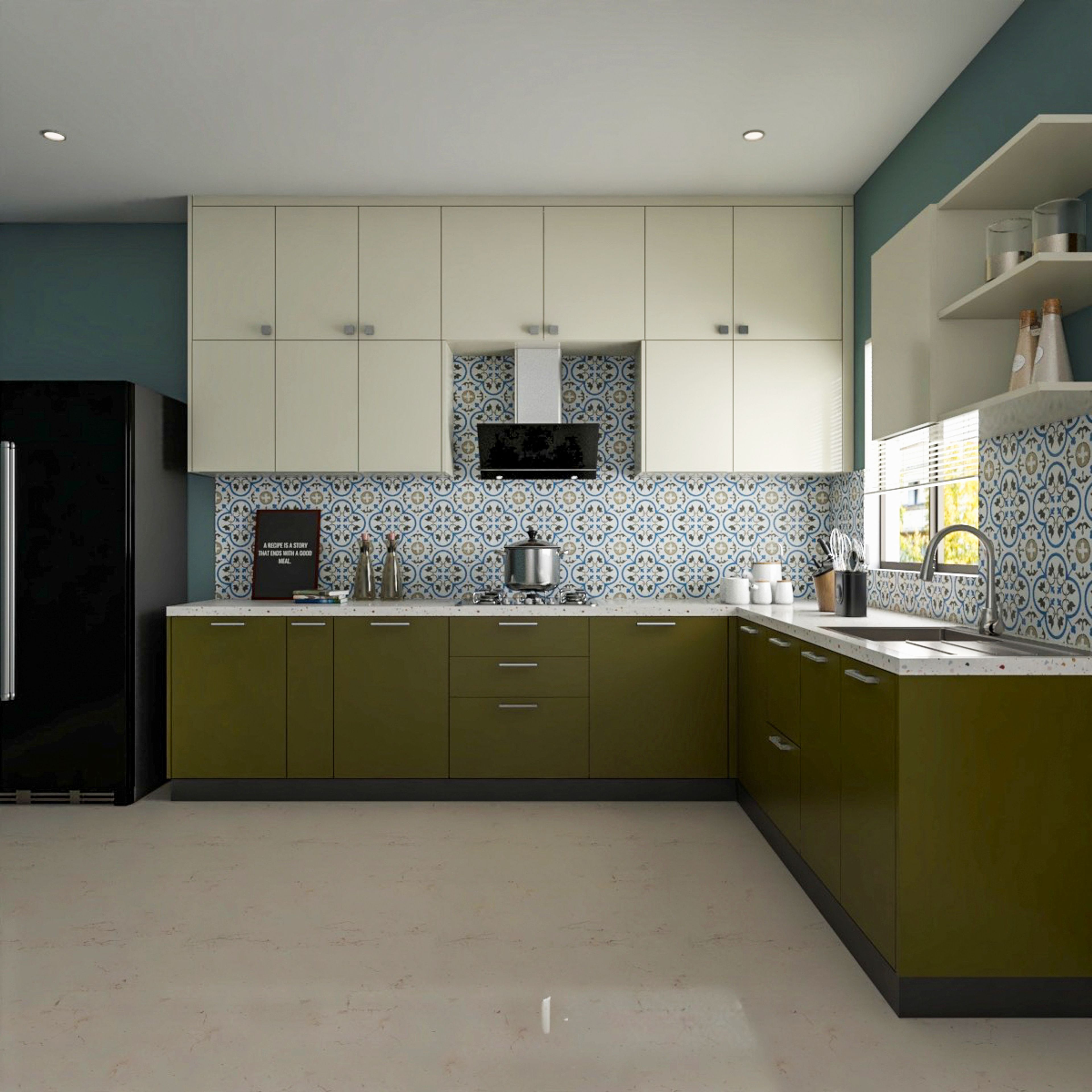Modern dual tone kitchen with olive green and frosty white laminate, patterned moroccan backsplash tile, and white quartz countertop in Bengaluru | Material Depot