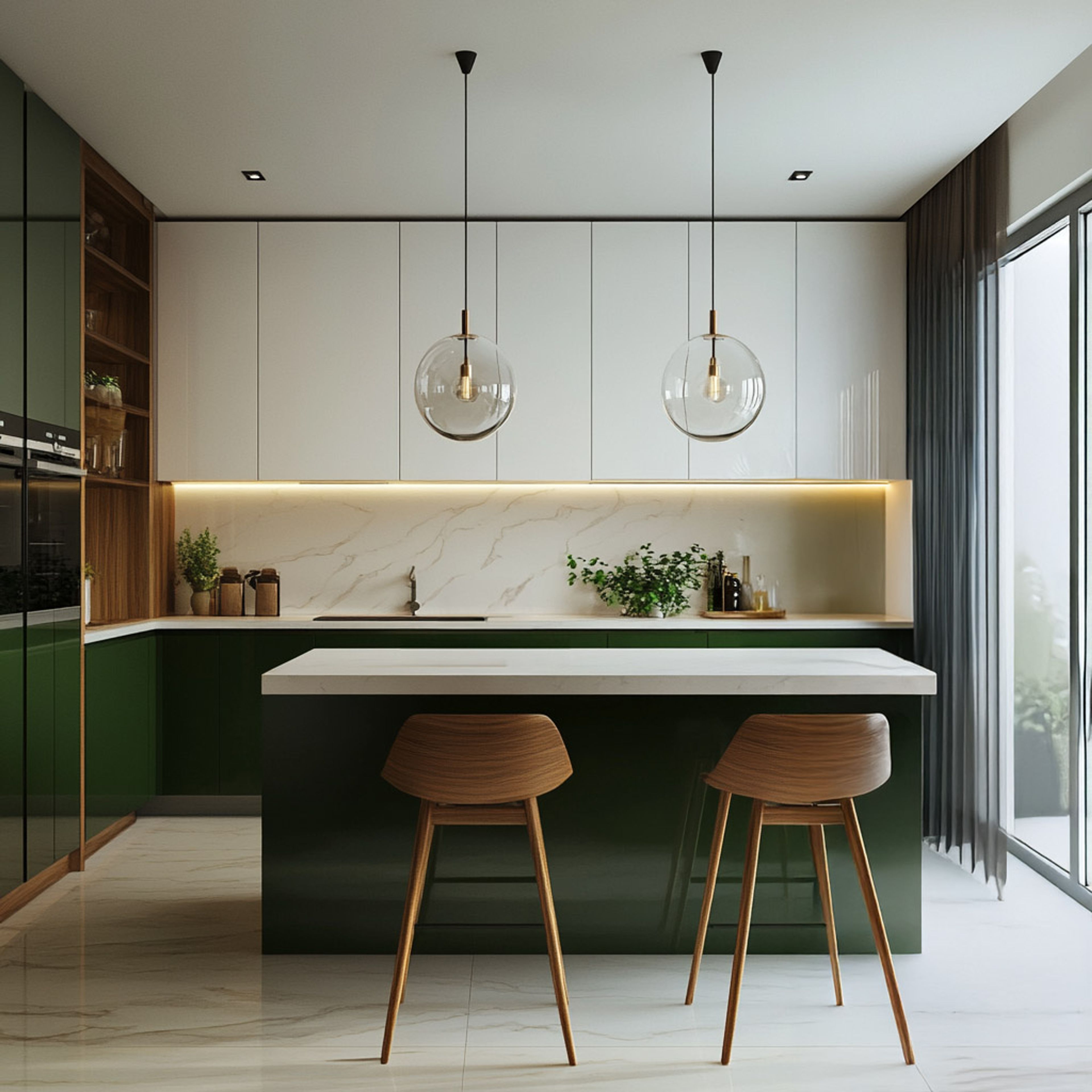 Modern dual tone kitchen with olive green and frosty white laminate, white marble backsplash, and quartz countertop in Bengaluru | Material Depot