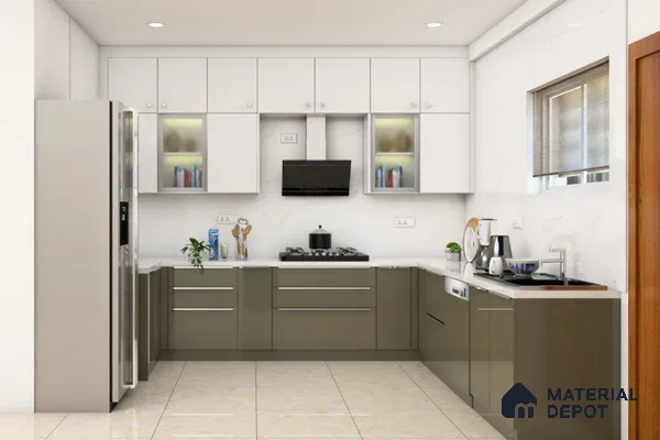 Modern dual tone kitchen with olive green and frosty white laminate, white quartz countertop, and beige marble floor tile in Bengaluru | Material Depot