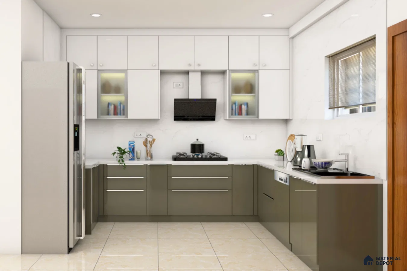 Modern dual tone kitchen with olive green and frosty white laminate, white quartz countertop, and beige marble floor tile in Bengaluru | Material Depot