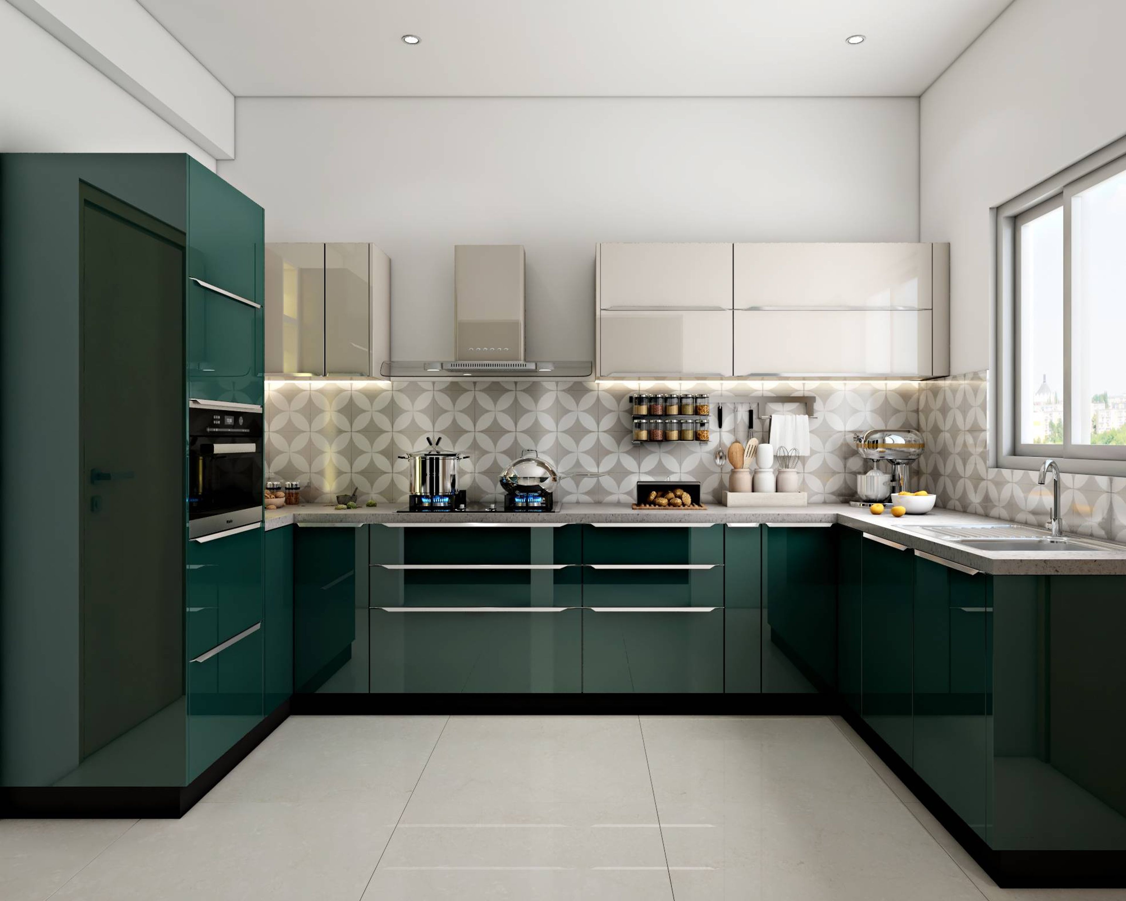 Modern dual tone kitchen with olive green high gloss laminate, beige laminate, and geometric patterned backsplash tiles in Bengaluru | Material Depot