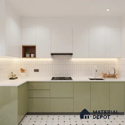 Modern dual tone kitchen with olive green high gloss laminate, frosty white laminate, and white quartz countertop in Bengaluru