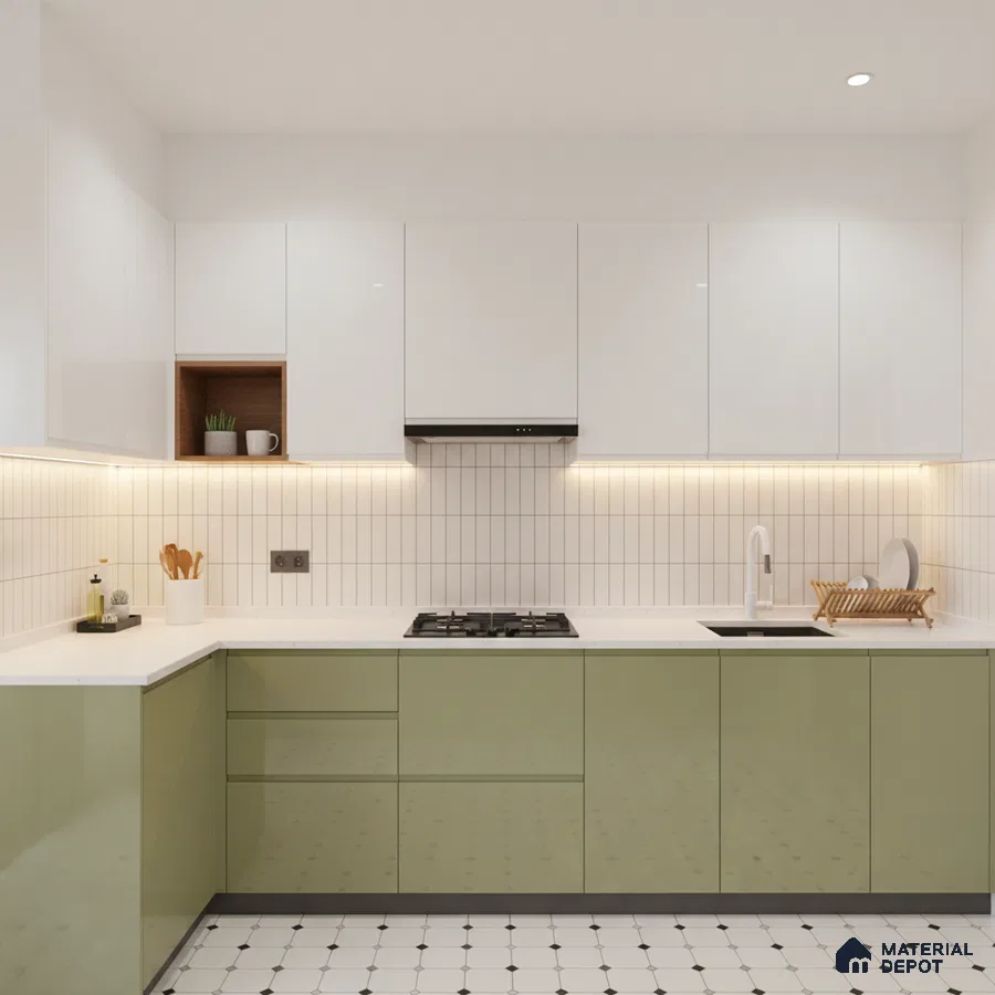 Modern dual tone kitchen with olive green high gloss laminate, frosty white laminate, and white quartz countertop in Bengaluru