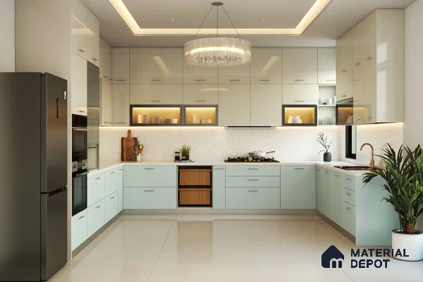 Modern dual tone kitchen with pastel blue and frosty white high gloss laminate, white quartz countertop, and geometric white backsplash tile in Bengaluru | Material Depot