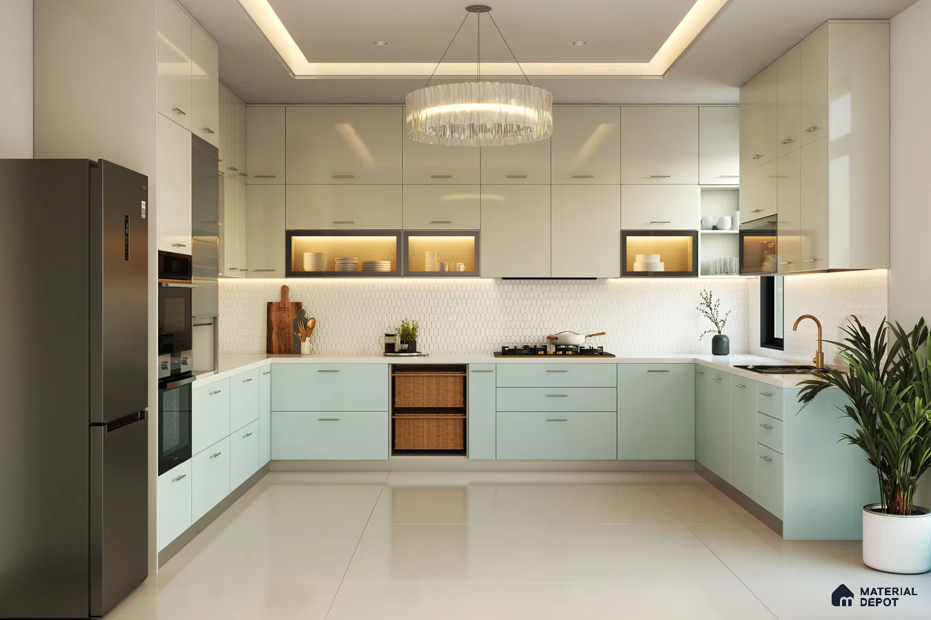 Modern dual tone kitchen with pastel blue and frosty white high gloss laminate, white quartz countertop, and geometric white backsplash tile in Bengaluru | Material Depot