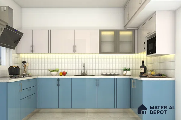 Modern dual tone kitchen with pastel blue and frosty white high gloss laminate, white quartz countertop, and vertical subway backsplash tiles in Bengaluru | Material Depot