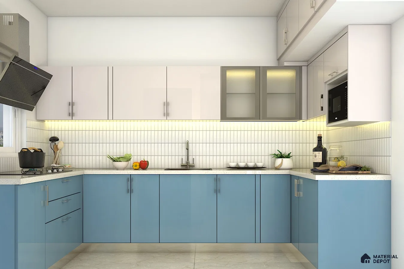 Modern dual tone kitchen with pastel blue and frosty white high gloss laminate, white quartz countertop, and vertical subway backsplash tiles in Bengaluru | Material Depot