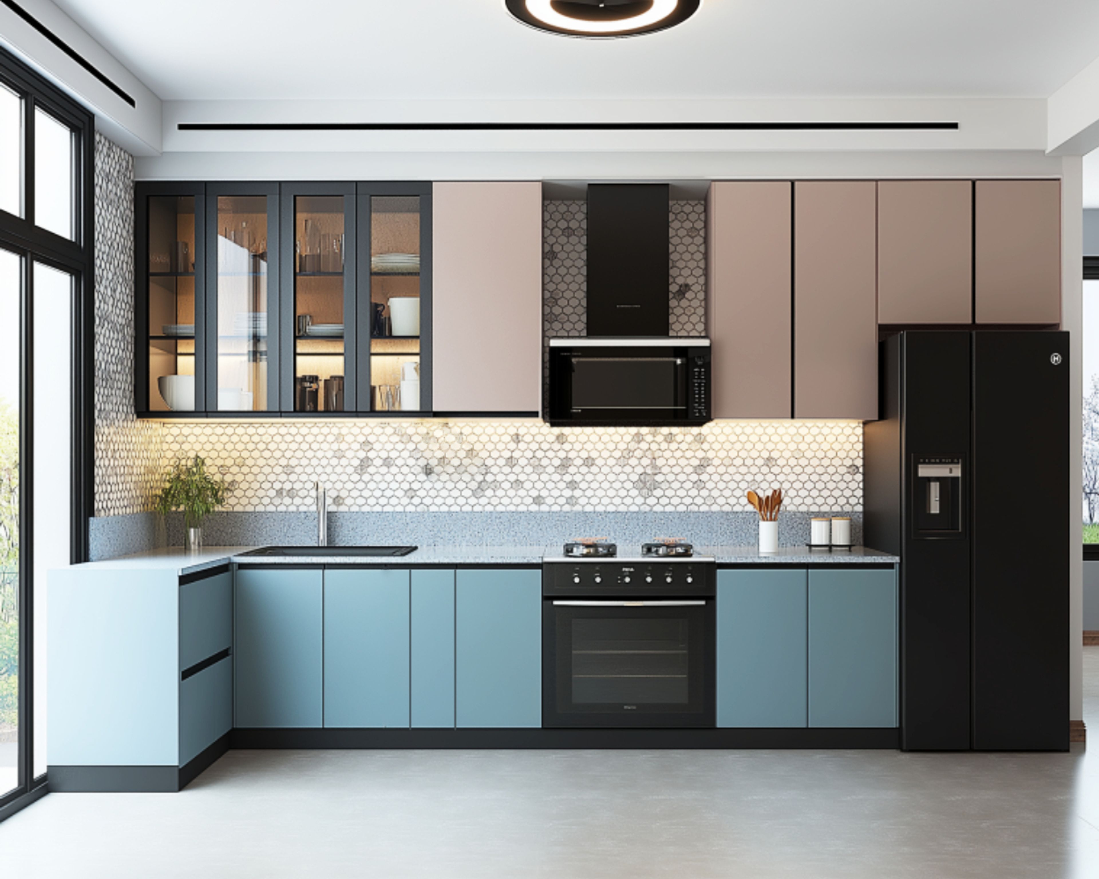 Modern dual tone kitchen with pastel blue and taupe laminate, hexagonal backsplash tiles, and white quartz countertop in Bengaluru | Material Depot