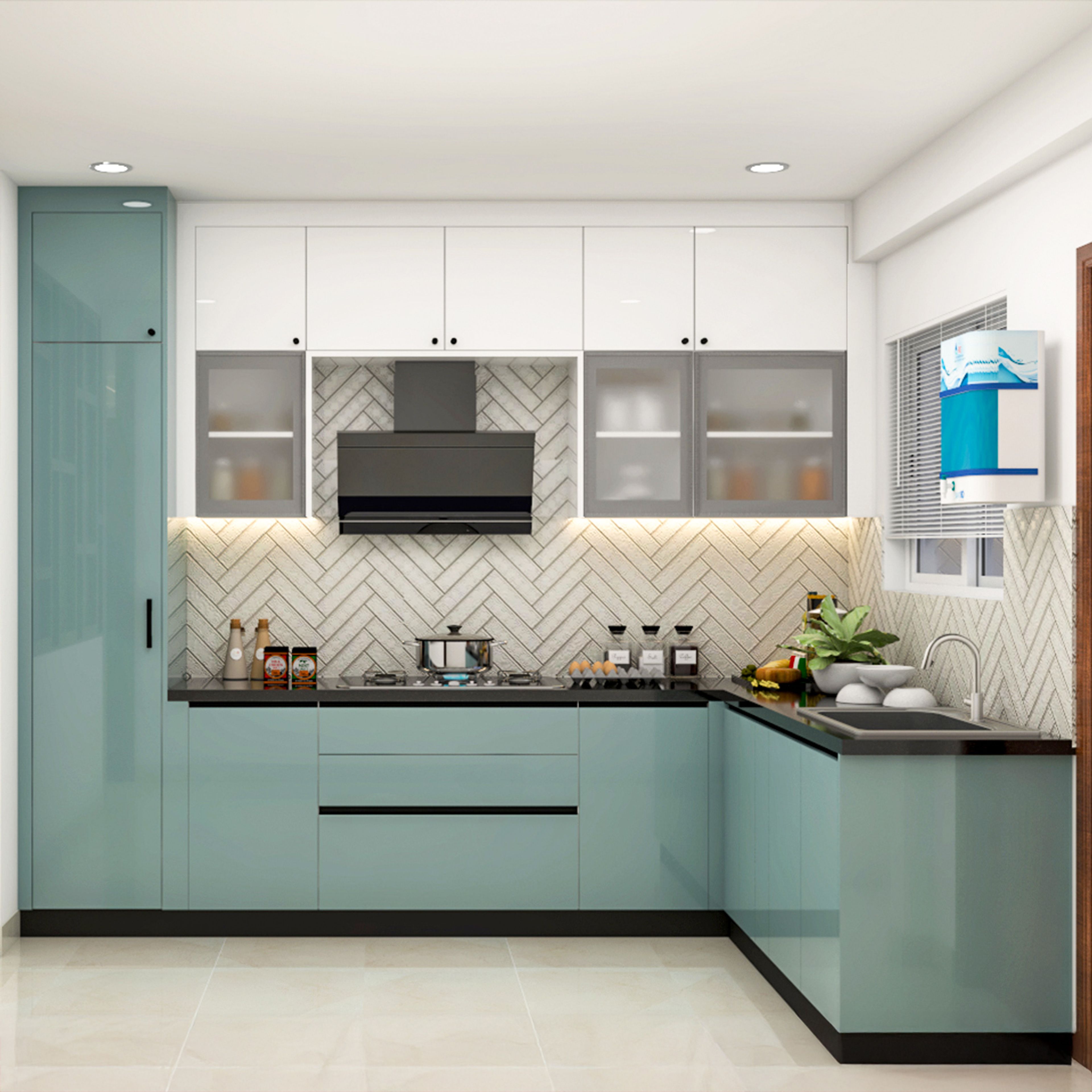 Modern dual tone kitchen with pastel blue and white laminate, herringbone backsplash tile, and black quartz countertop in Bengaluru | Material Depot