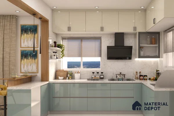 Modern dual tone kitchen with pastel blue glossy laminate, frosty white high gloss laminate, and white marble backsplash in Bengaluru | Material Depot