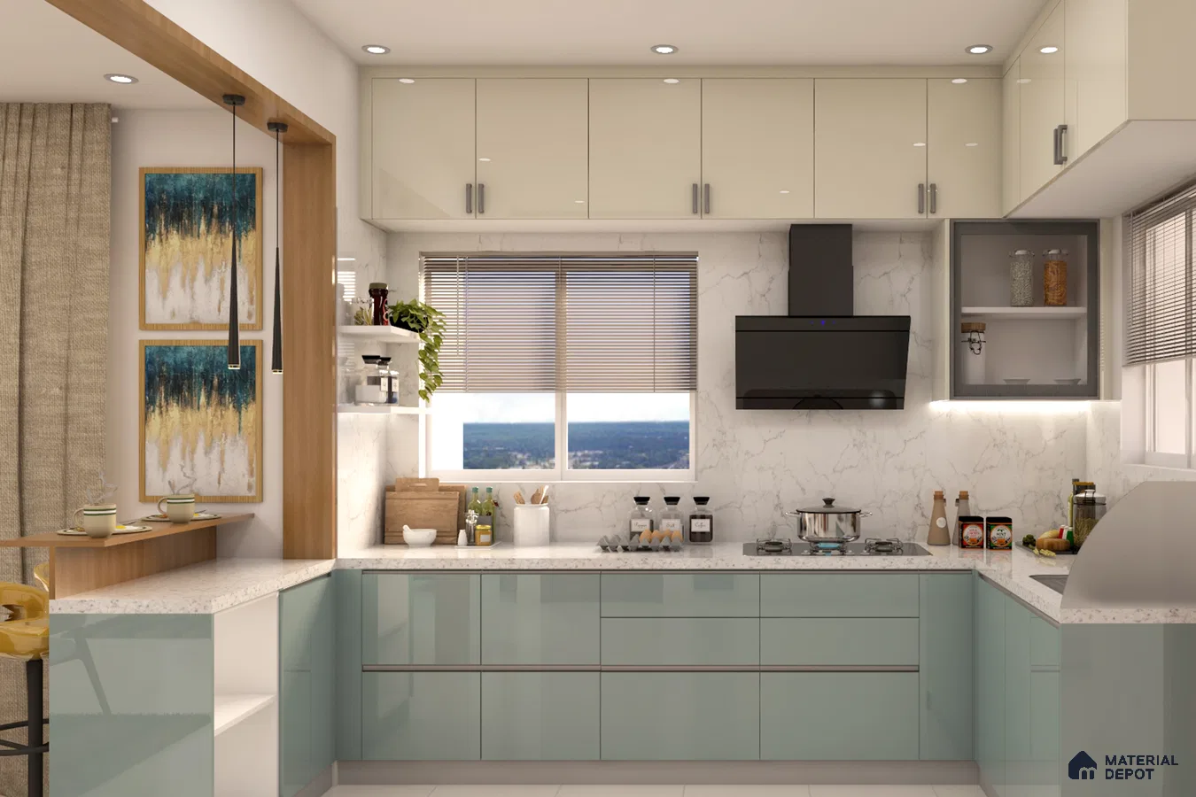 Modern dual tone kitchen with pastel blue glossy laminate, frosty white high gloss laminate, and white marble backsplash in Bengaluru | Material Depot