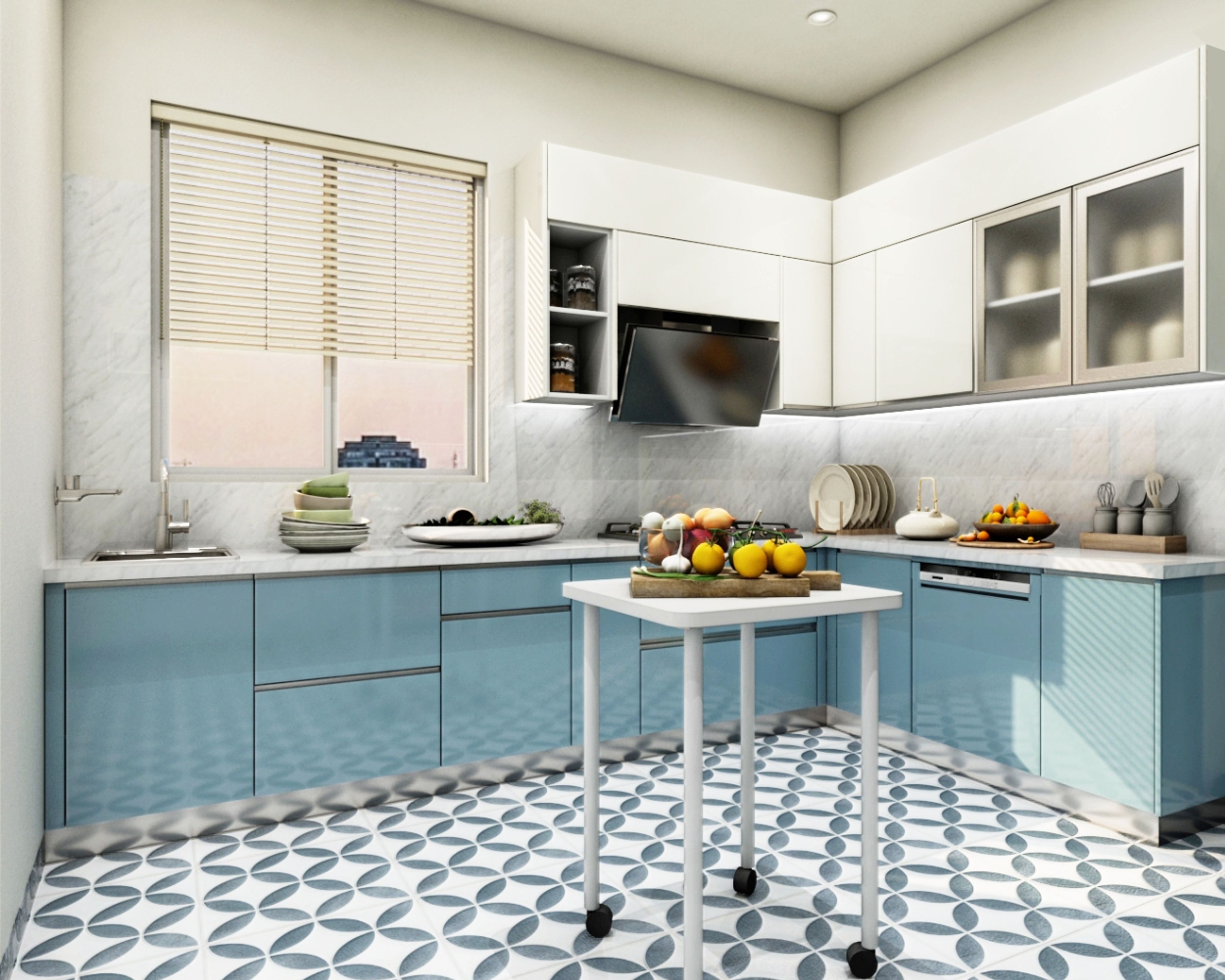 Modern dual tone kitchen with pastel blue laminate, frosty white laminate, and geometric patterned floor tiles in Bengaluru | Material Depot